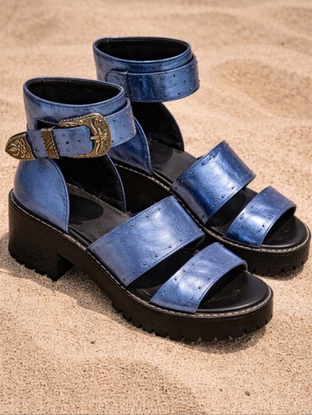 ASOS Metallic Blue Leather Studded Sandals Size 3 Statement Shoes Chunky 80's